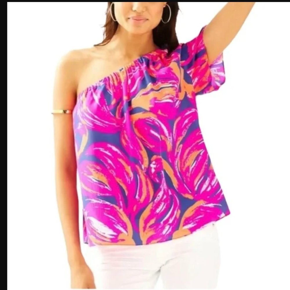 Lily Pulitzer Silk Flamingo Print One Shoulder Blouse Size M
